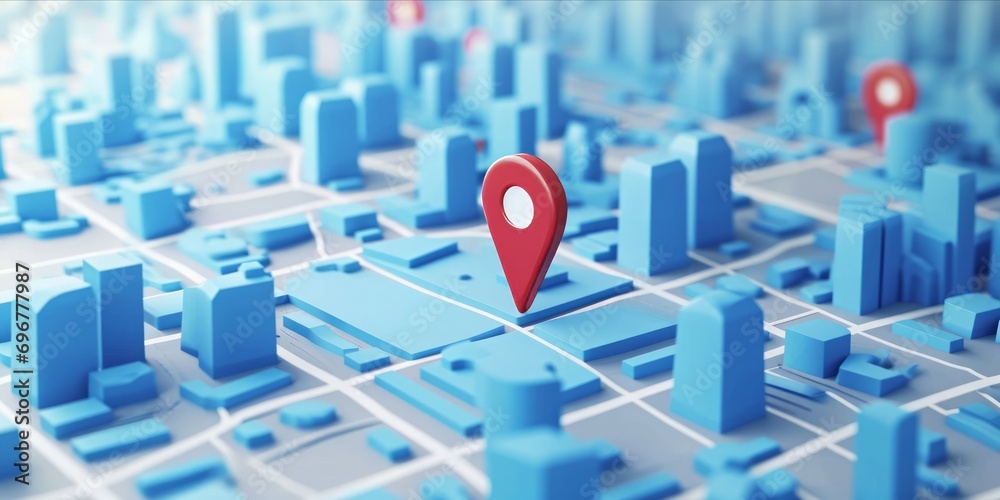 3D digital illustration of a blue map with red location pins - obrazy, fototapety, plakaty 