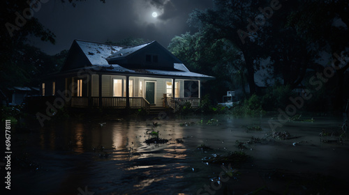 House in floodwater at night