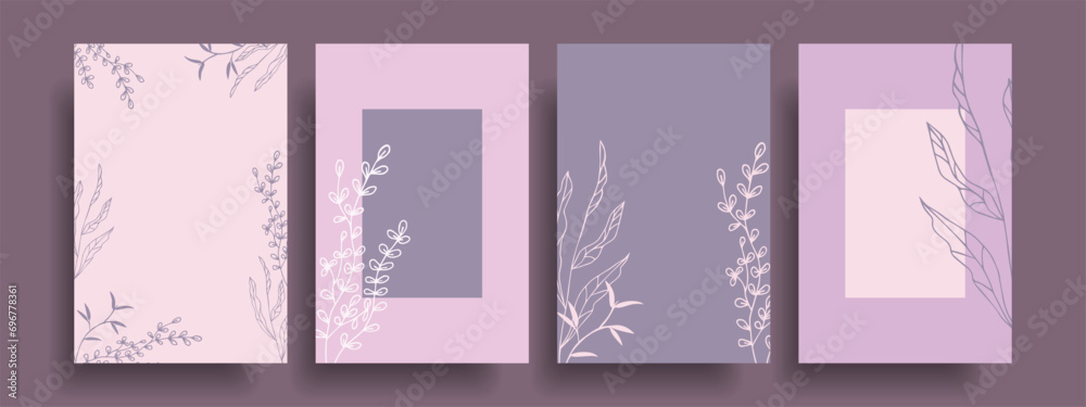 A set of delicate backgrounds with hand-drawn twigs on a lilac background.