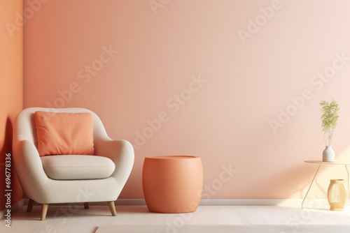 Empty modern living room with bright peach pastel colors, stylish furniture and cozy atmosphere showcasing modern interior design.