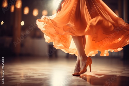 A girl dancer in a graceful orange gown expresses love through intricate movements and elegant footwork.