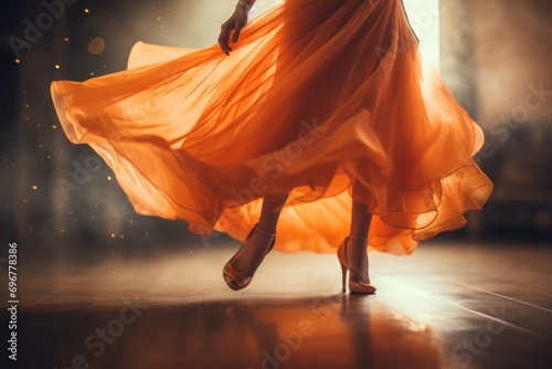 A young girl immersed in the rhythm of a passionate tango in a dress, demonstrating the artistry of ballroom dancing. photo