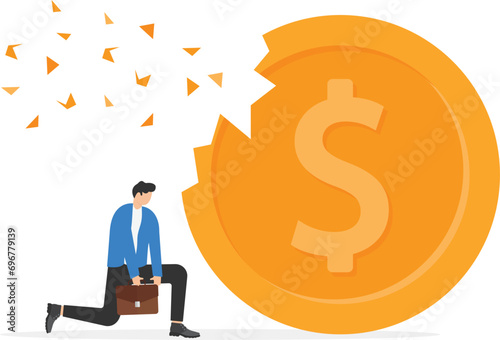 Depreciation, value reduction or drop, losing money from investment or economic recession, inflation or asset decline concept, businessman with value decrease dissolve dollar money coin.

