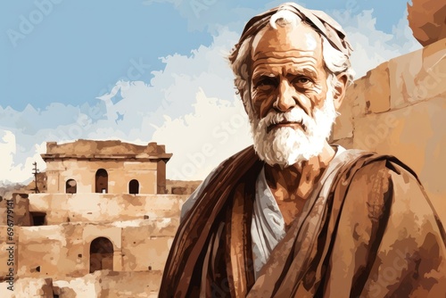 Mediterranean Old man ancient greek city. Roma people. Generate Ai photo