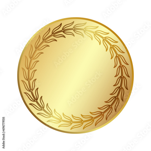 Gold medal. Design element depicting an elegant laurel wreath. 3 D. Vector illustration.