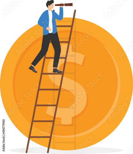 Vision for global financial or economy, business opportunity or investment forecast concept, smart confident businessman standing on US dollar money sign using telescope to see future prediction.

