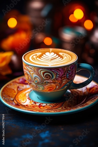 Close up of latte art in a colorful coffee cup against blurred lights in the background.