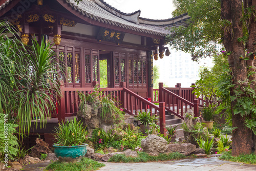 Beautiful scenery with traditional Chinese style pavilion  in the botanical park,China