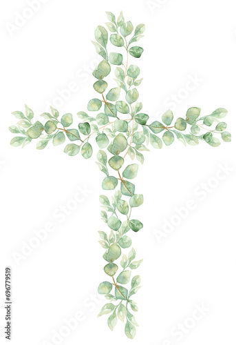 Papier peint Watercolor hand painted greenery Cross Clipart, Easter Religious florals illustr