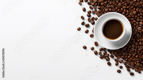 Fresh roasted coffee beans laying on ground, also one cup of coffee or expresso isolated on white background