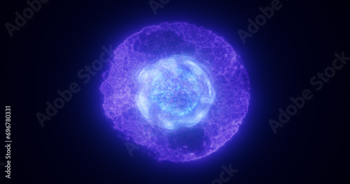 Abstract purple energy glowing digital sphere atom made of iridescent energy from moving electric plasma liquid on black background