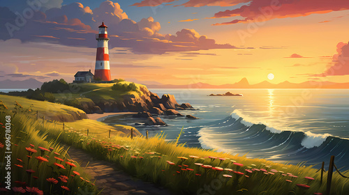 A lighthouse on the coast with green meadows and sunset photo