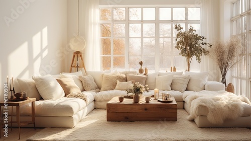 Modern luxury, minimal, elegant, neutral, cozy, white bohemian living room with a sofa. Earth tone colors, Interior design inspiration. © Merilno