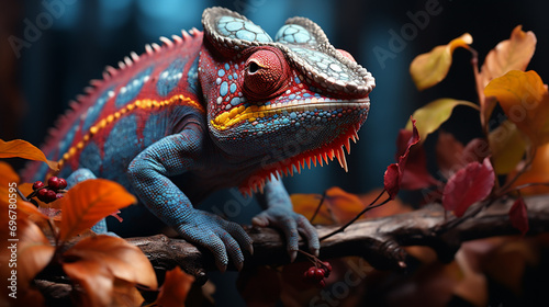 The cute chameleon is change two color on the tree. Generative Ai photo