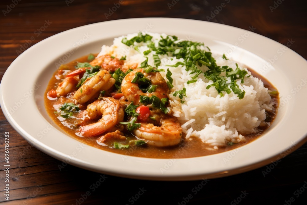 A comforting bowl of Creole gumbo, showcasing a mix of shrimp, chicken, and spicy sausage, served on a bed of rice A comforting bowl of Creole gumbo, showcasing a mix of shrimp, chicken, and spicy sausage, served on a bed of rice
