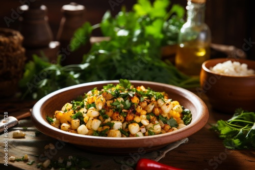 Hominy: A nutritious and comforting dish of cooked corn kernels, served in a rustic setting