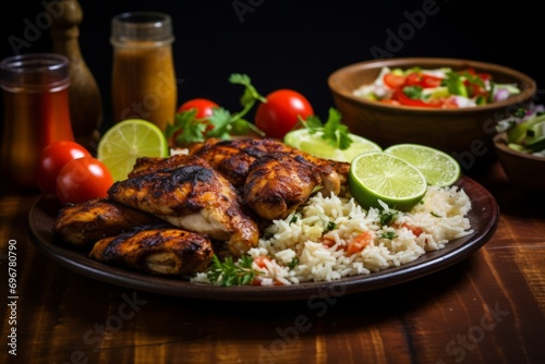 A colorful presentation of traditional jerk chicken, a staple of Jamaican cuisine, served with rice and peas on a wooden table