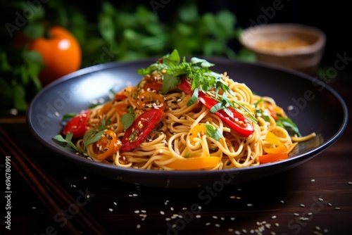 A visually appealing dish of freshly prepared noodles, topped with colorful veggies, herbs, and sesame seeds, served on an old-fashioned wooden table
