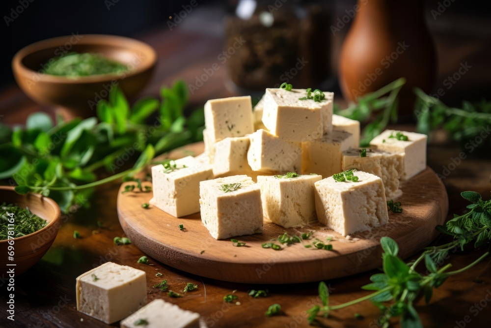 A culinary snapshot of tofu cubes on a wooden board, surrounded by a variety of herbs and spices for a healthy meal