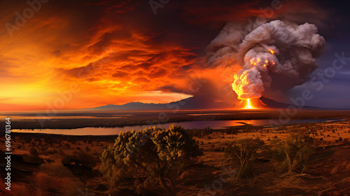 Spectacular golden twilight and view of 2022 eruption