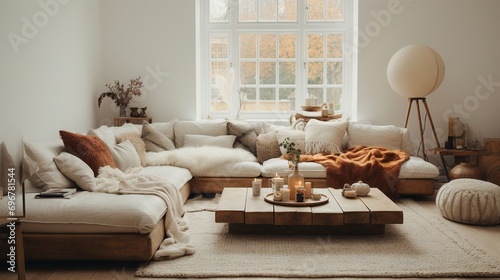 Modern luxury, minimal, elegant, neutral, cozy, white bohemian living room with a sofa. Earth tone colors, Interior design inspiration. © MiniMaxi