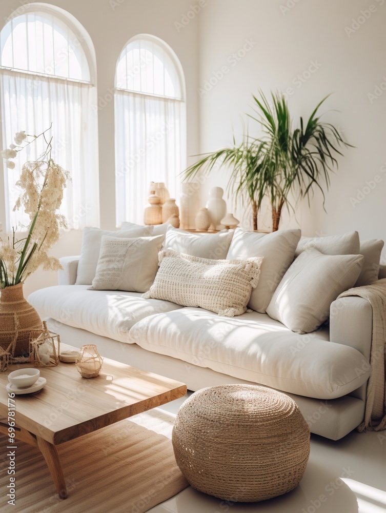 Naklejka premium Modern luxury, minimal, elegant, neutral, cozy, white bohemian living room with a sofa. Earth tone colors, Interior design inspiration.