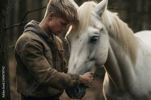 Tender Man touching horse. Emotion ranch. Generate Ai