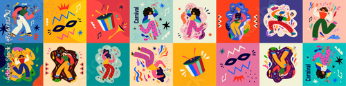 Carnival party. Carnival collection of colorful cards. Design for Brazil Carnival. Decorative abstract illustration with colorful doodles. Music festival illustration  © moleskostudio