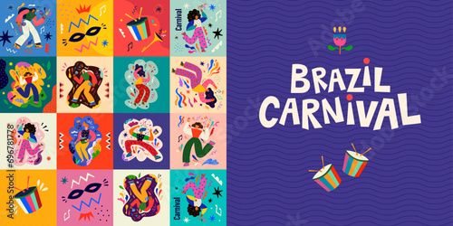 Carnival party. Carnival collection of colorful cards. Design for Brazil Carnival. Decorative abstract illustration with colorful doodles. Music festival illustration
 photo