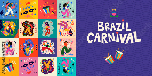 Carnival party. Carnival collection of colorful cards. Design for Brazil Carnival. Decorative abstract illustration with colorful doodles. Music festival illustration
