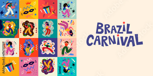 Carnival party. Carnival collection of colorful cards. Design for Brazil Carnival. Decorative abstract illustration with colorful doodles. Music festival illustration
