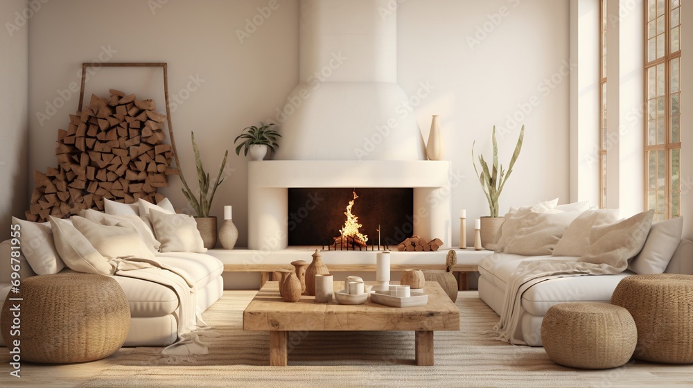 Fototapeta premium Modern luxury, minimal, elegant, neutral, cozy, white bohemian living room with a sofa. Earth tone colors, Interior design inspiration.