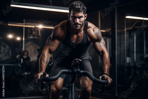 Man training fitness bike. Adult equipment health male activity. Generate Ai