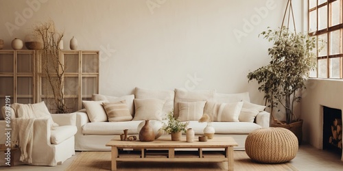 Modern luxury, minimal, elegant, neutral, cozy, white bohemian living room with a sofa. Earth tone colors, Interior design inspiration. photo