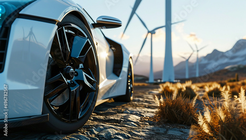 Electric car drive on the wind turbines background. Car drives along green landscape. Electric car driving along windmills farm. Alternative energy for cars. Car and wind turbines farm. 3d render