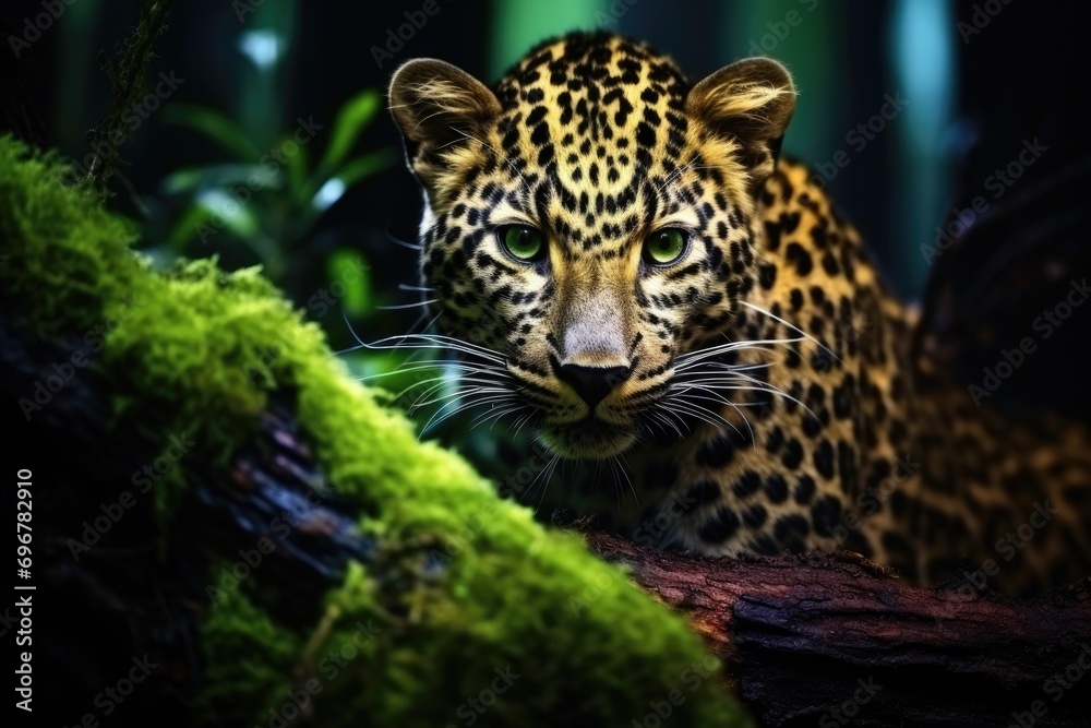 Naklejka premium An attentive leopard in the wilderness, showcasing its powerful and beautiful features up close.