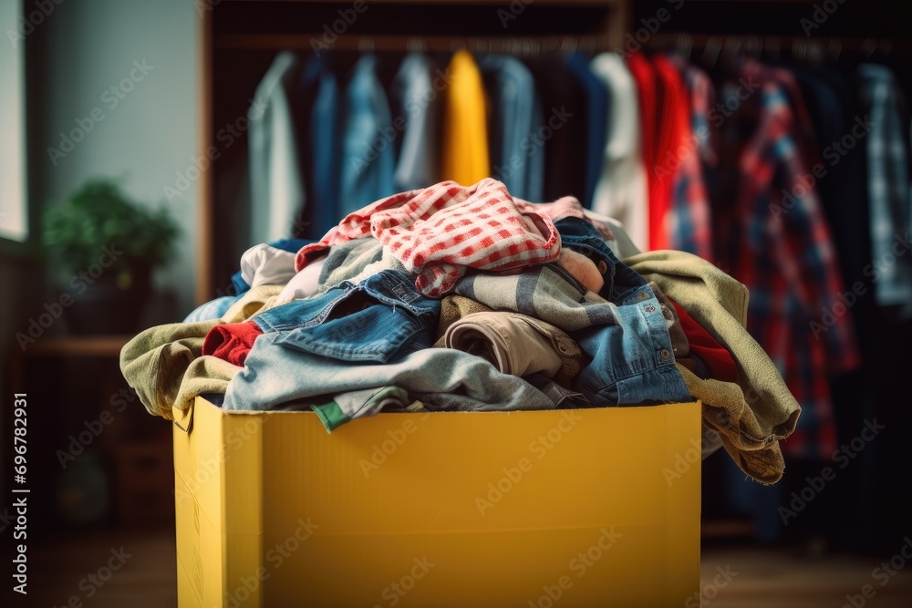 A household scene undergoing reorganization, featuring a messy pile of colorful clothes in a box. - obrazy, fototapety, plakaty 