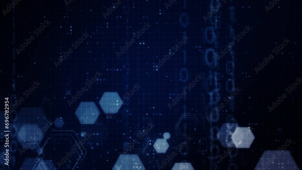 hexagon shape with abstract geometric moving motion particles data binary code for technology futuristic background design. Clean hexagonal digital element pattern with empty space animation video.