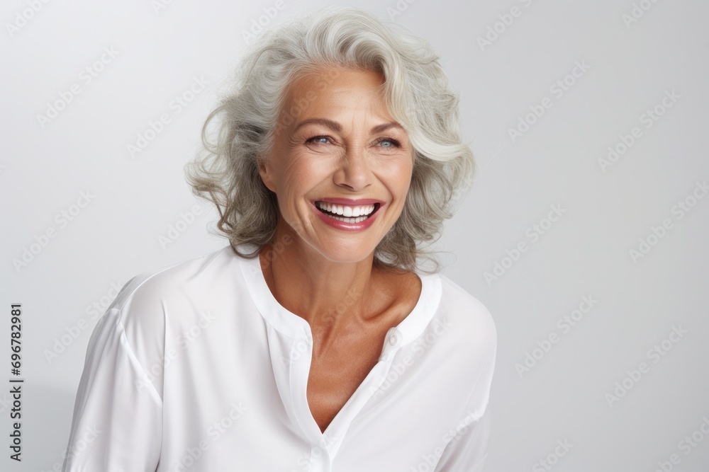 An elegant and carefree retired woman in her 60s, radiating joy and laughter.