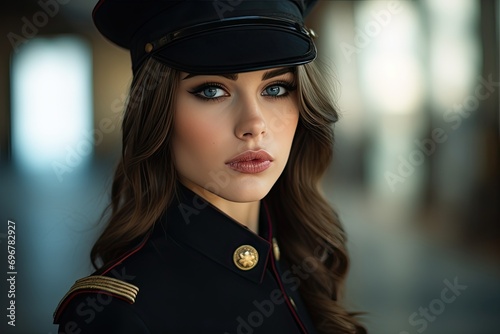 A calm and composed police officer, a young brunette woman, exudes beauty and style.