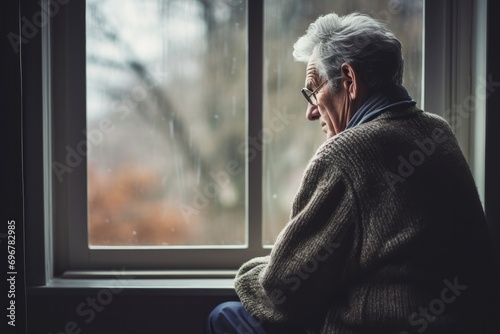 A melancholic senior grandfather sits by the window, expressing loneliness and sadness at home.