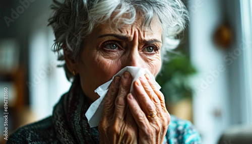 Senior woman having a cold and wiping her nose. covered with blanket blowing running nose sneeze in tissue suffer from allergy flu, allergic old lady hold handkerchief got hay fever, allergy concept photo
