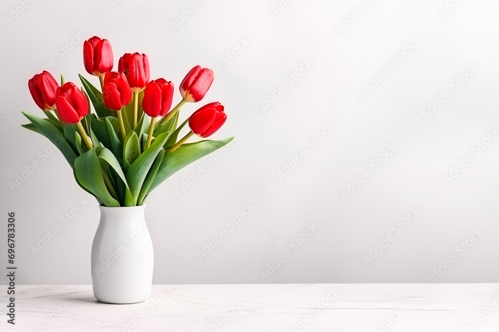 bouquet of red tulips in a white vase on the table, white background. Generated AI.