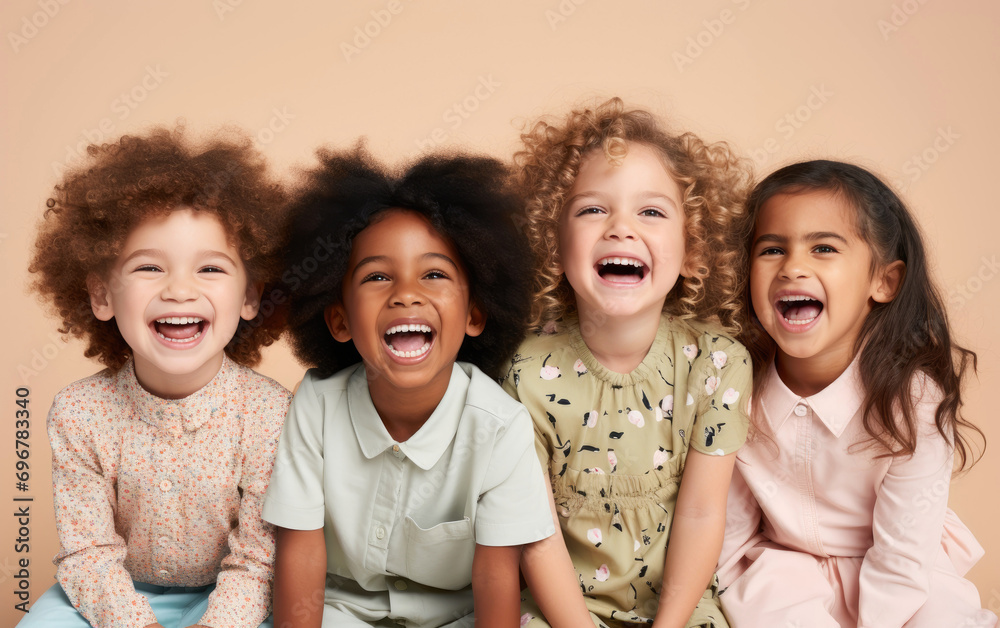 Laughing kids on pastel color background