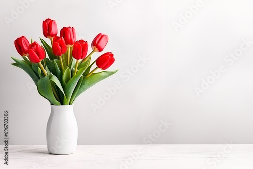 bouquet of red tulips in a white vase on the table, white background. Generated AI.