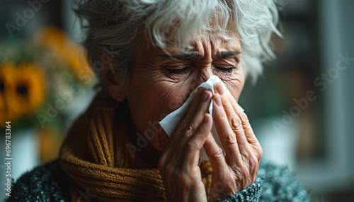 Senior woman having a cold and wiping her nose. covered with blanket blowing running nose sneeze in tissue suffer from allergy flu, allergic old lady hold handkerchief got hay fever, allergy concept photo