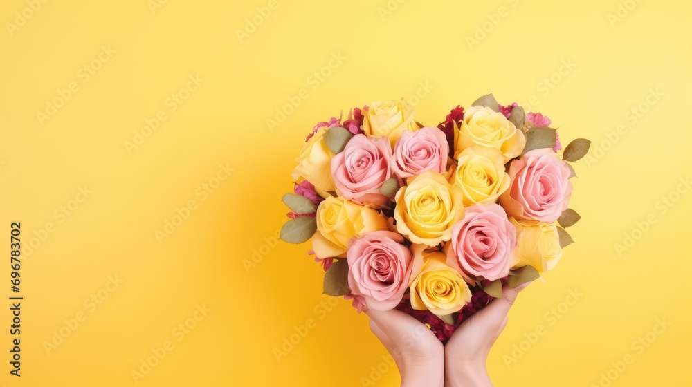 Heart shaped bouquet of yellow and pink roses on a pink background. Woman's hands holding a bouquet of roses. love confession