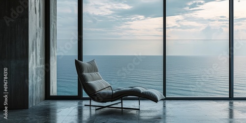Modern lounge chair by a large window overlooking the sea. photo