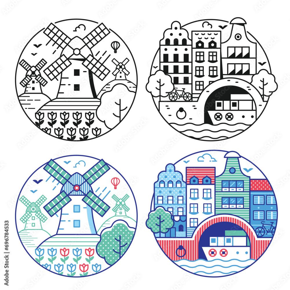 Travel Netherlands Circle Icons in Line Art