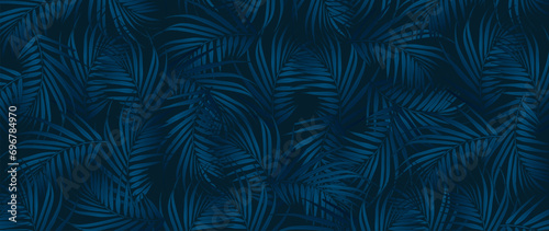 Dark blue tropical background with palm branches. Tropical card, cover, poster, banner
